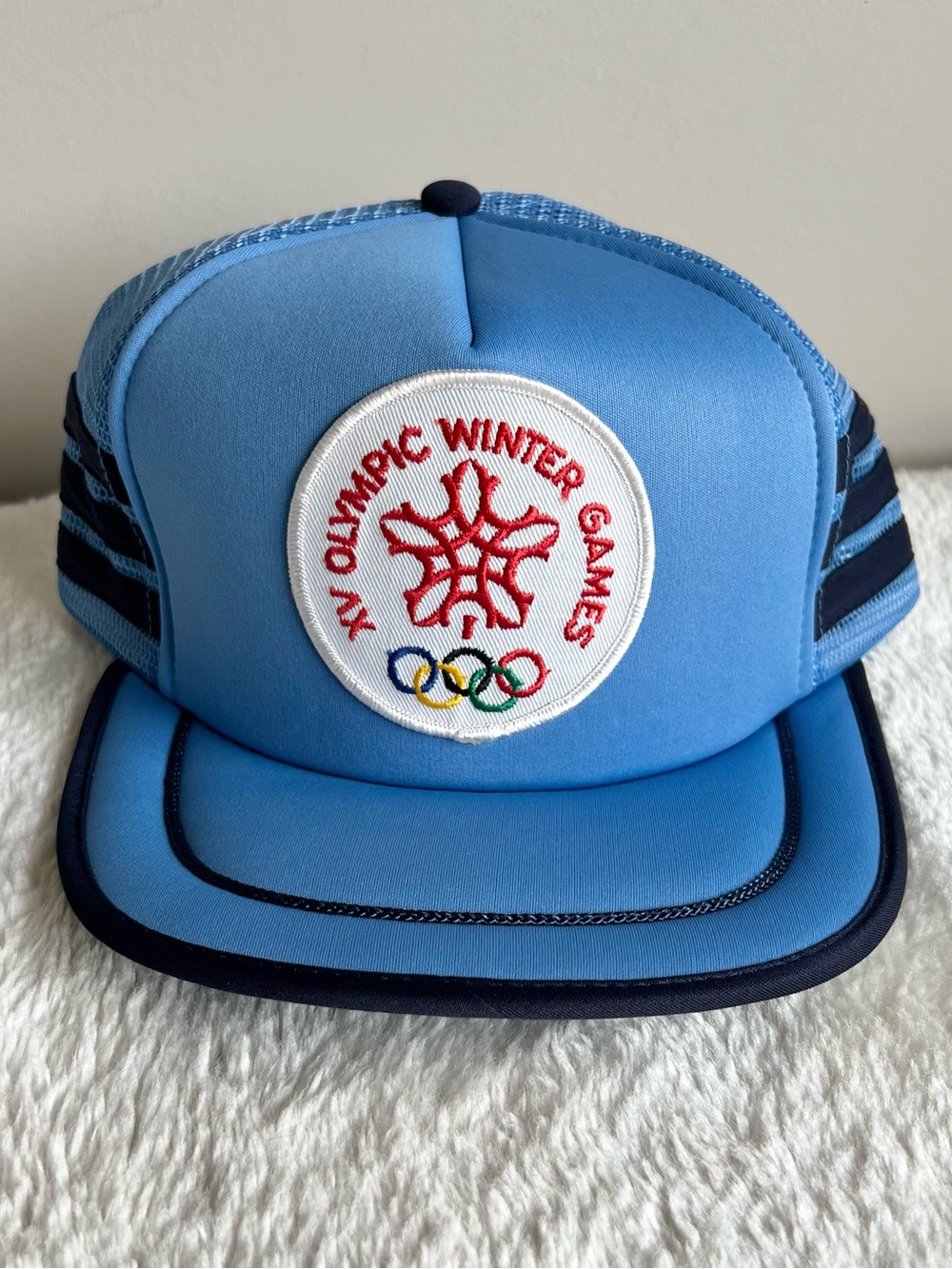 Vintage Light Blue Trucker Hat with Olympic Winter Games Patch